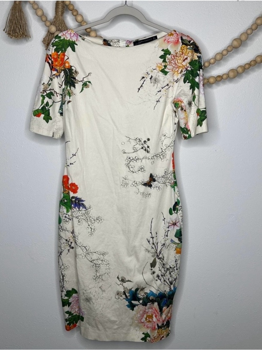 Zara Ivory Floral Midi Dress with Multicolor Blooms